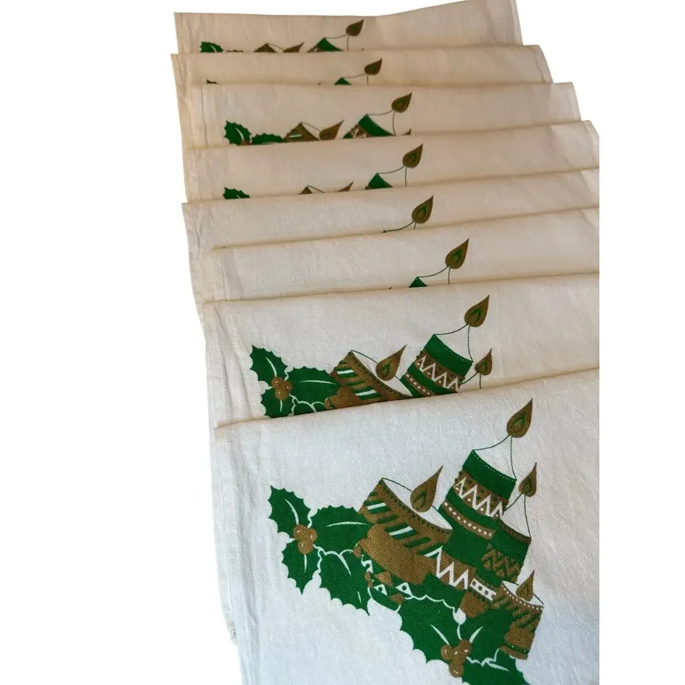 Vintage MCM Candle Holly Christmas Holiday Cloth Napkins Cotton